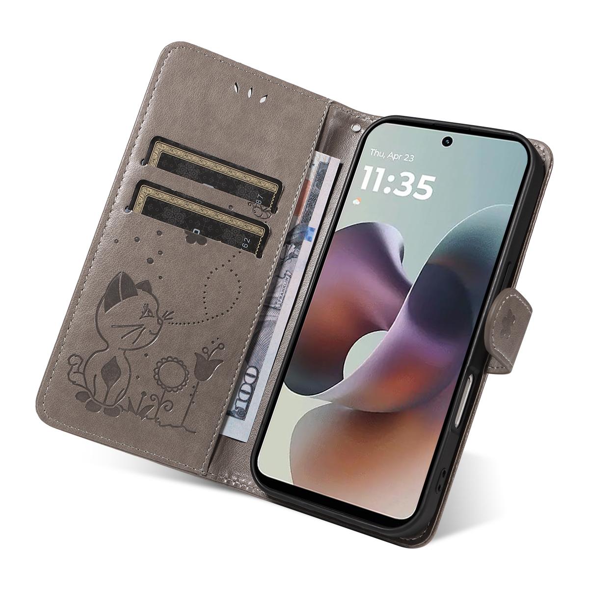 For Motorola Moto G56 5G Cat and Bee Embossed Flip Leather Phone Case Wallet Cover with Card Slots Cash Pocket Magnetic Stand Protective Shockproof TPU PU Leather Case with Wrist Strap