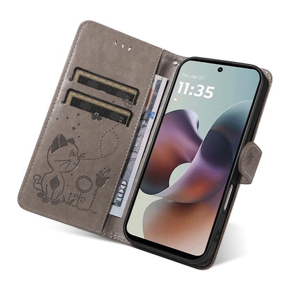 For Motorola Moto G56 5G Cat and Bee Embossed Flip Leather Phone Case Wallet Cover with Card Slots Cash Pocket Magnetic Stand Protective Shockproof TPU PU Leather Case with Wrist Strap