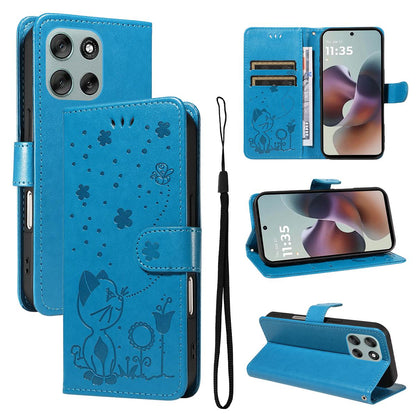 For Motorola Moto G56 5G Cat and Bee Embossed Flip Leather Phone Case Wallet Cover with Card Slots Cash Pocket Magnetic Stand Protective Shockproof TPU PU Leather Case with Wrist Strap