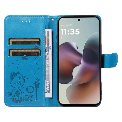 For Motorola Moto G56 5G Cat and Bee Embossed Flip Leather Phone Case Wallet Cover with Card Slots Cash Pocket Magnetic Stand Protective Shockproof TPU PU Leather Case with Wrist Strap