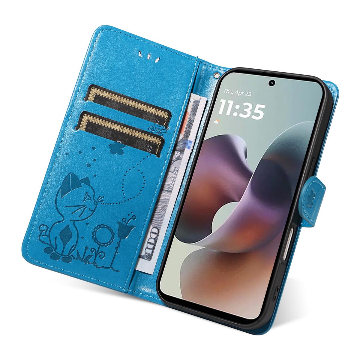 For Motorola Moto G56 5G Cat and Bee Embossed Flip Leather Phone Case Wallet Cover with Card Slots Cash Pocket Magnetic Stand Protective Shockproof TPU PU Leather Case with Wrist Strap