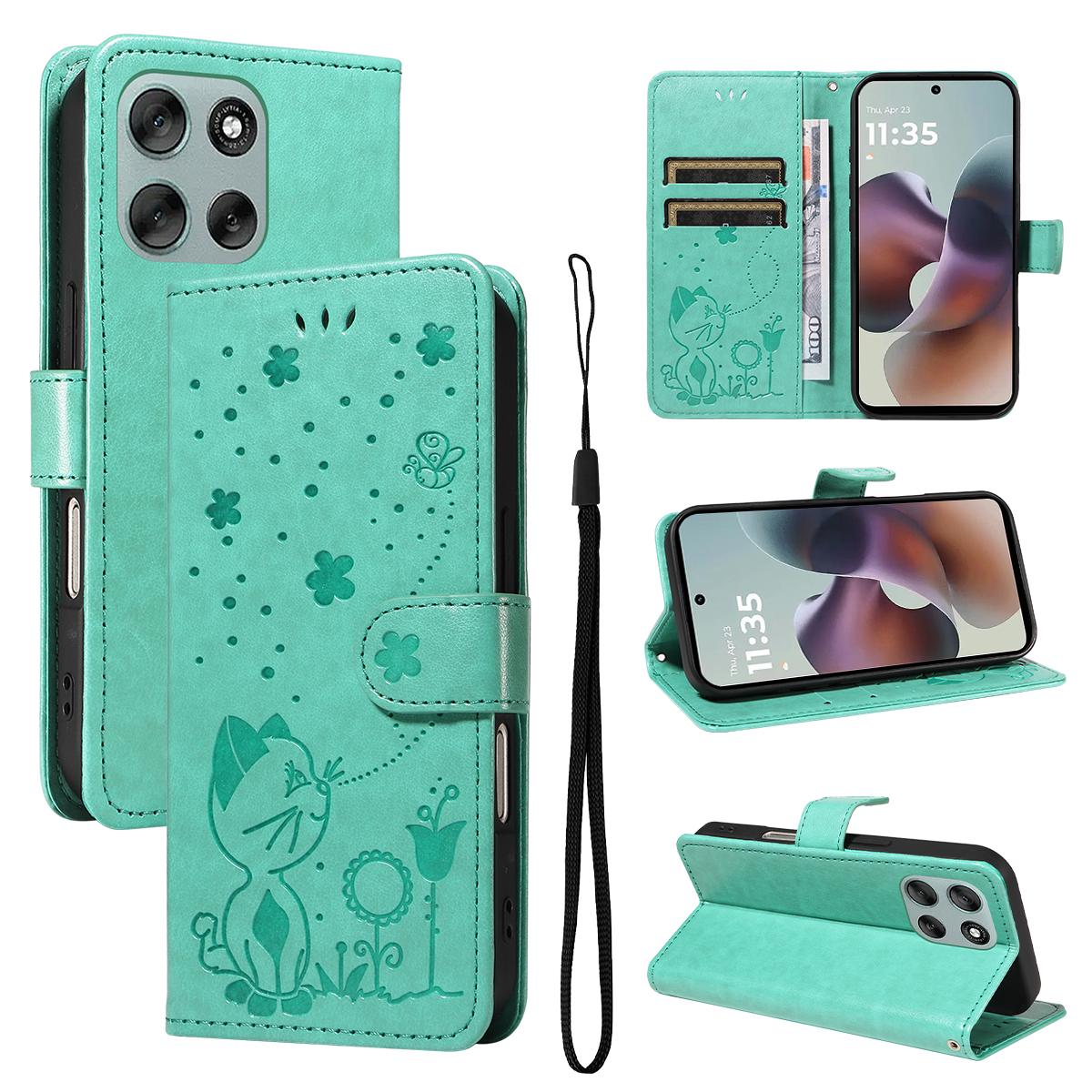 For Motorola Moto G56 5G Cat and Bee Embossed Flip Leather Phone Case Wallet Cover with Card Slots Cash Pocket Magnetic Stand Protective Shockproof TPU PU Leather Case with Wrist Strap