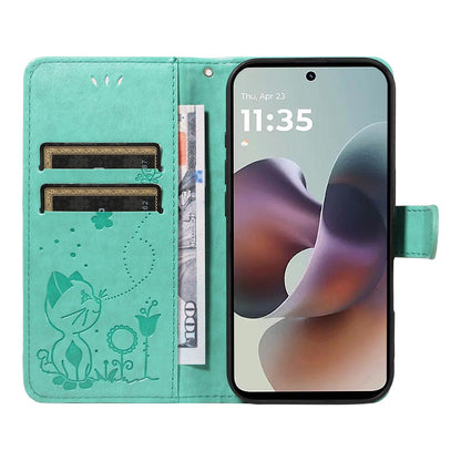 For Motorola Moto G56 5G Cat and Bee Embossed Flip Leather Phone Case Wallet Cover with Card Slots Cash Pocket Magnetic Stand Protective Shockproof TPU PU Leather Case with Wrist Strap