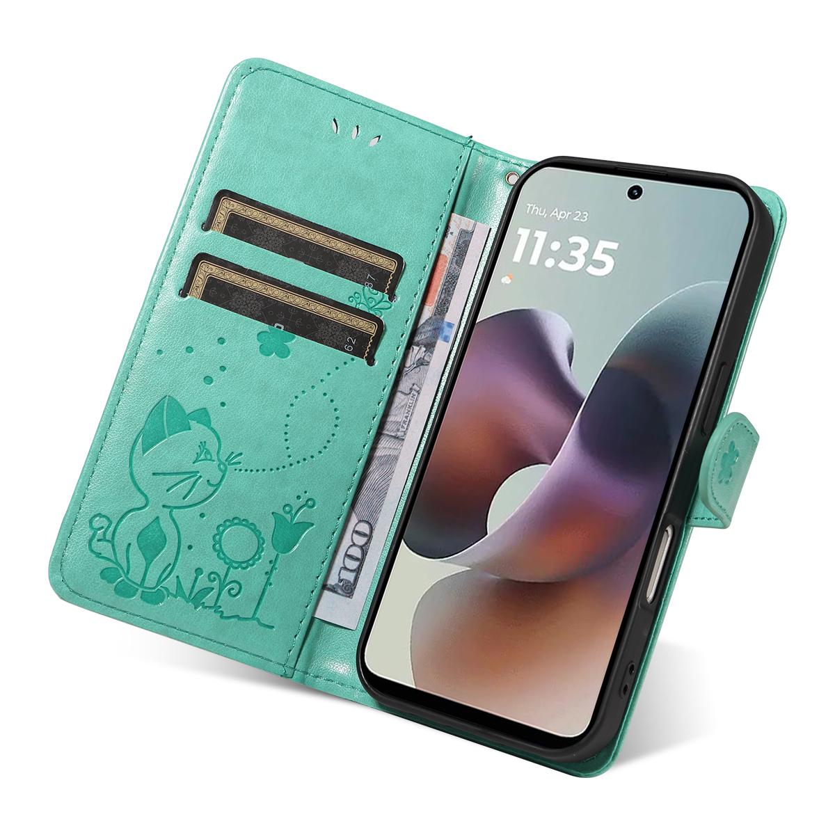 For Motorola Moto G56 5G Cat and Bee Embossed Flip Leather Phone Case Wallet Cover with Card Slots Cash Pocket Magnetic Stand Protective Shockproof TPU PU Leather Case with Wrist Strap