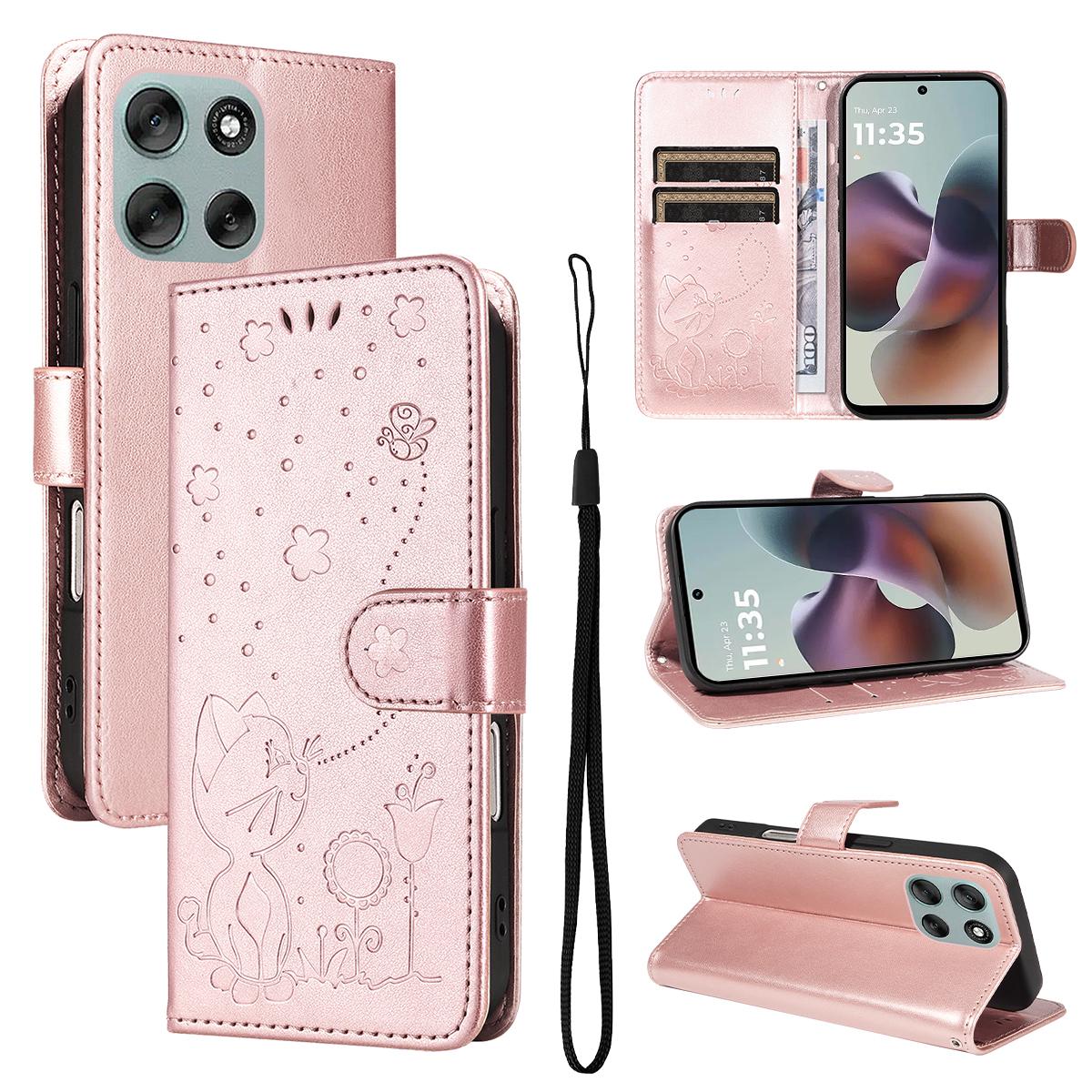 For Motorola Moto G56 5G Cat and Bee Embossed Flip Leather Phone Case Wallet Cover with Card Slots Cash Pocket Magnetic Stand Protective Shockproof TPU PU Leather Case with Wrist Strap