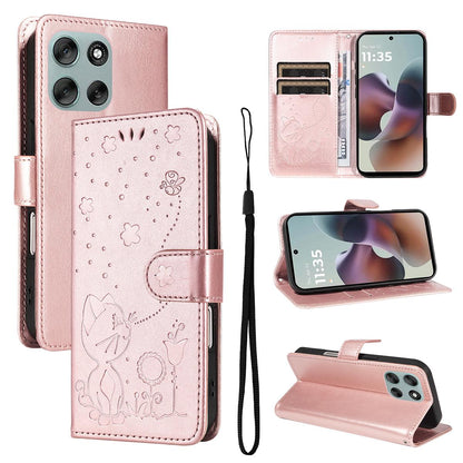 For Motorola Moto G56 5G Cat and Bee Embossed Flip Leather Phone Case Wallet Cover with Card Slots Cash Pocket Magnetic Stand Protective Shockproof TPU PU Leather Case with Wrist Strap