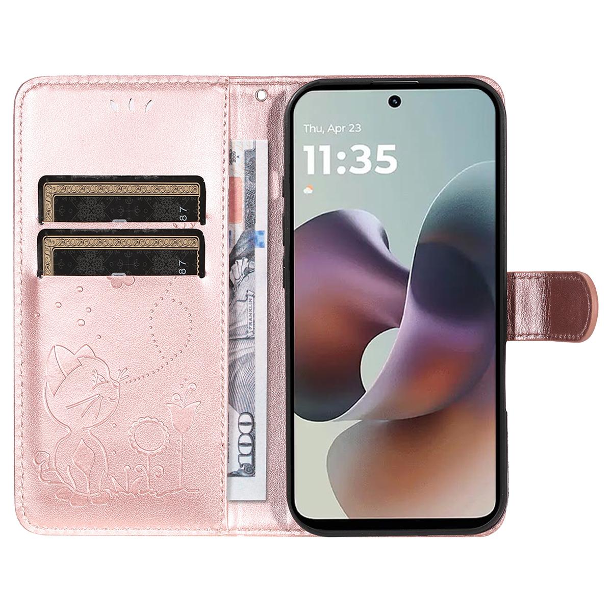For Motorola Moto G56 5G Cat and Bee Embossed Flip Leather Phone Case Wallet Cover with Card Slots Cash Pocket Magnetic Stand Protective Shockproof TPU PU Leather Case with Wrist Strap