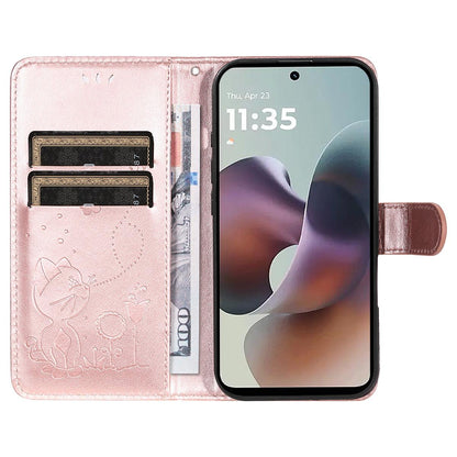 For Motorola Moto G56 5G Cat and Bee Embossed Flip Leather Phone Case Wallet Cover with Card Slots Cash Pocket Magnetic Stand Protective Shockproof TPU PU Leather Case with Wrist Strap