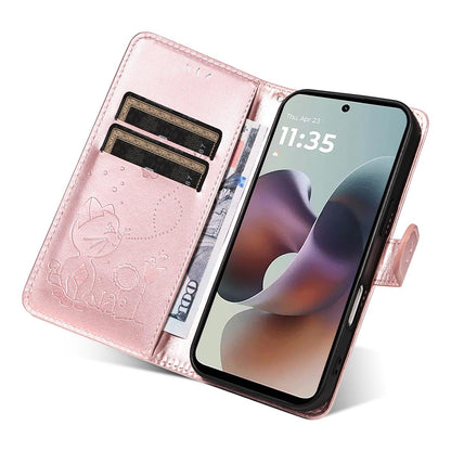 For Motorola Moto G56 5G Cat and Bee Embossed Flip Leather Phone Case Wallet Cover with Card Slots Cash Pocket Magnetic Stand Protective Shockproof TPU PU Leather Case with Wrist Strap