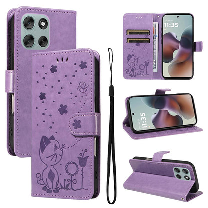 For Motorola Moto G56 5G Cat and Bee Embossed Flip Leather Phone Case Wallet Cover with Card Slots Cash Pocket Magnetic Stand Protective Shockproof TPU PU Leather Case with Wrist Strap