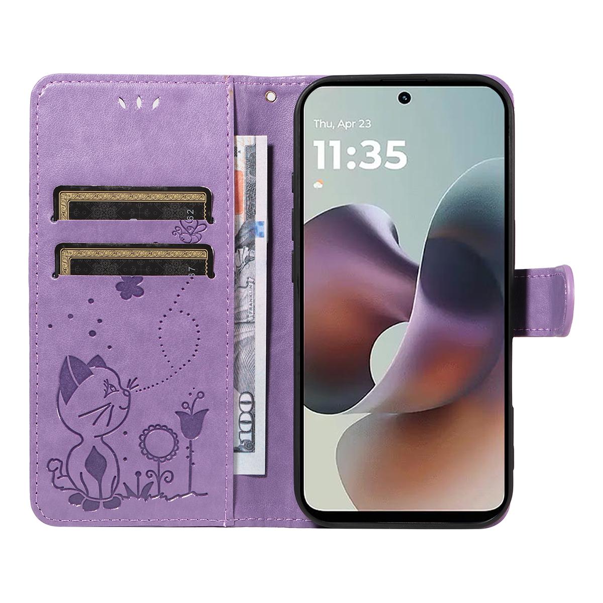 For Motorola Moto G56 5G Cat and Bee Embossed Flip Leather Phone Case Wallet Cover with Card Slots Cash Pocket Magnetic Stand Protective Shockproof TPU PU Leather Case with Wrist Strap