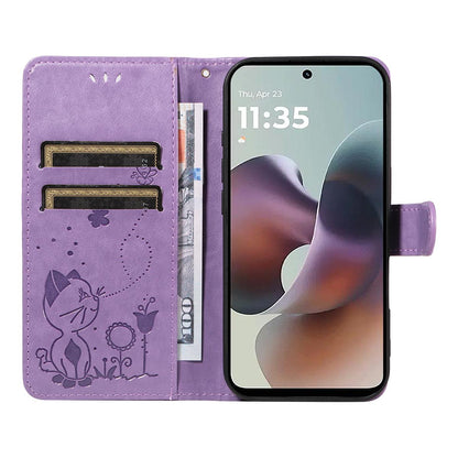 For Motorola Moto G56 5G Cat and Bee Embossed Flip Leather Phone Case Wallet Cover with Card Slots Cash Pocket Magnetic Stand Protective Shockproof TPU PU Leather Case with Wrist Strap