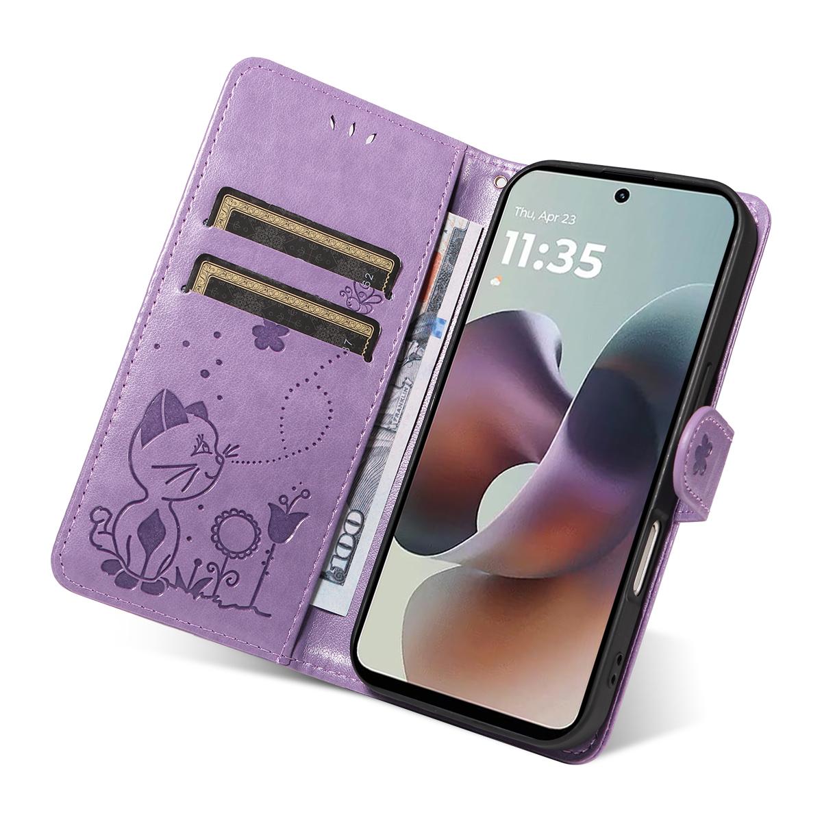 For Motorola Moto G56 5G Cat and Bee Embossed Flip Leather Phone Case Wallet Cover with Card Slots Cash Pocket Magnetic Stand Protective Shockproof TPU PU Leather Case with Wrist Strap