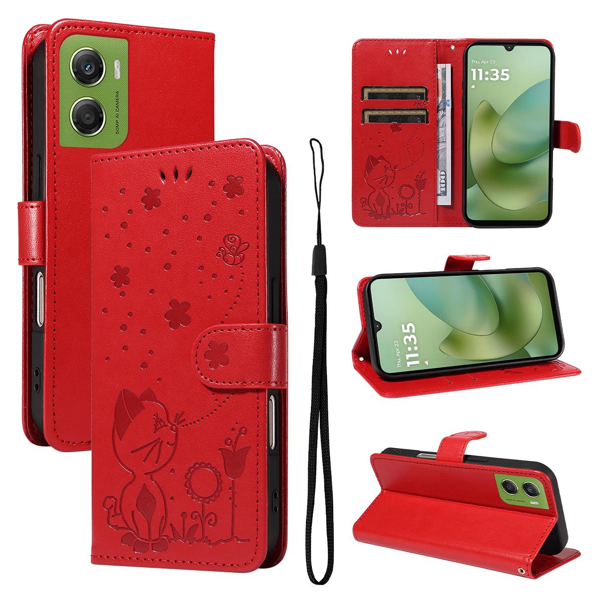 For Motorola Moto G06 4G Cat and Bee Embossed Flip Leather Phone Case Wallet Cover with Card Slots Cash Pocket Magnetic Stand Protective Shockproof TPU PU Leather Case with Wrist Strap