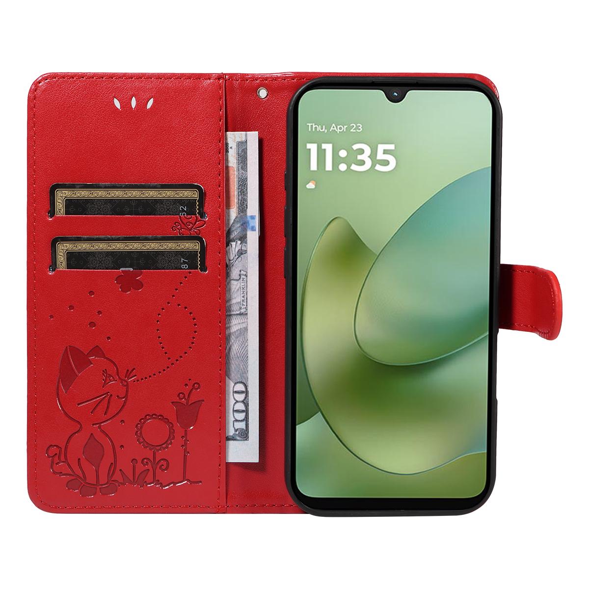 For Motorola Moto G06 4G Cat and Bee Embossed Flip Leather Phone Case Wallet Cover with Card Slots Cash Pocket Magnetic Stand Protective Shockproof TPU PU Leather Case with Wrist Strap