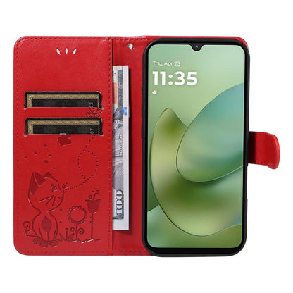 For Motorola Moto G06 4G Cat and Bee Embossed Flip Leather Phone Case Wallet Cover with Card Slots Cash Pocket Magnetic Stand Protective Shockproof TPU PU Leather Case with Wrist Strap