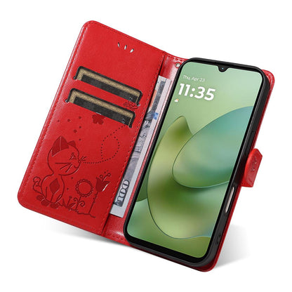For Motorola Moto G06 4G Cat and Bee Embossed Flip Leather Phone Case Wallet Cover with Card Slots Cash Pocket Magnetic Stand Protective Shockproof TPU PU Leather Case with Wrist Strap