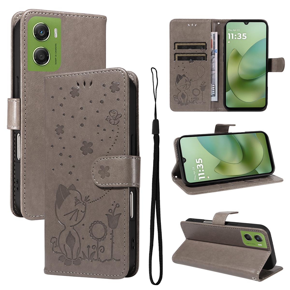 For Motorola Moto G06 4G Cat and Bee Embossed Flip Leather Phone Case Wallet Cover with Card Slots Cash Pocket Magnetic Stand Protective Shockproof TPU PU Leather Case with Wrist Strap