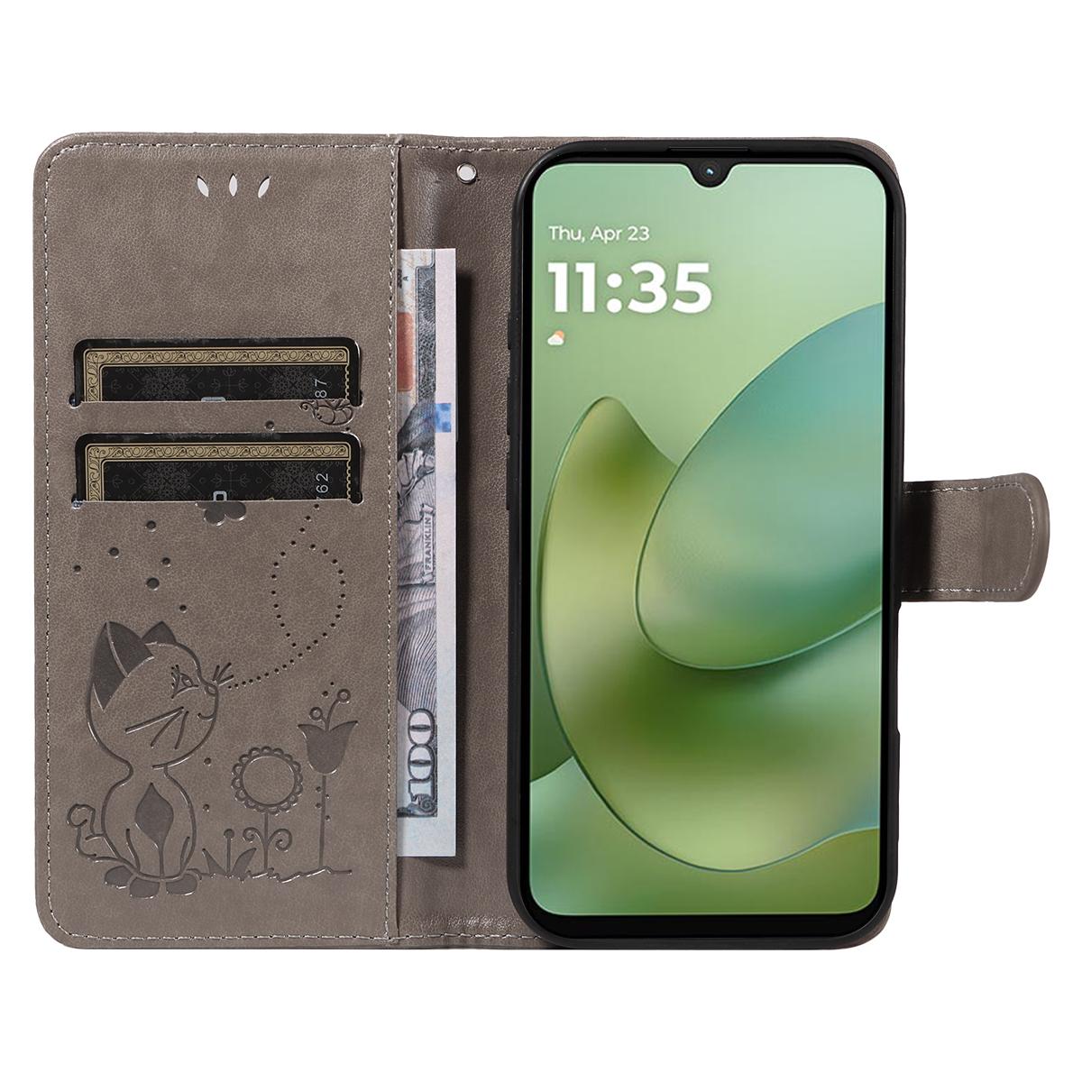For Motorola Moto G06 4G Cat and Bee Embossed Flip Leather Phone Case Wallet Cover with Card Slots Cash Pocket Magnetic Stand Protective Shockproof TPU PU Leather Case with Wrist Strap