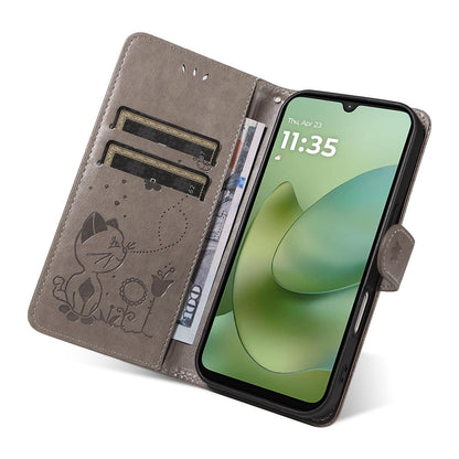 For Motorola Moto G06 4G Cat and Bee Embossed Flip Leather Phone Case Wallet Cover with Card Slots Cash Pocket Magnetic Stand Protective Shockproof TPU PU Leather Case with Wrist Strap