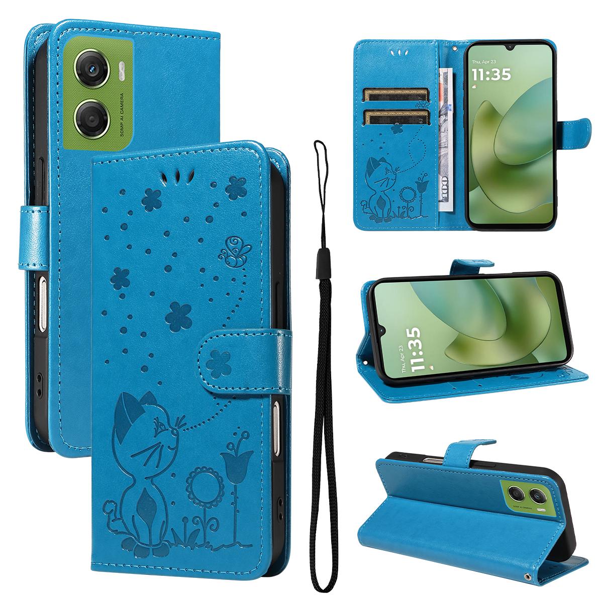 For Motorola Moto G06 4G Cat and Bee Embossed Flip Leather Phone Case Wallet Cover with Card Slots Cash Pocket Magnetic Stand Protective Shockproof TPU PU Leather Case with Wrist Strap