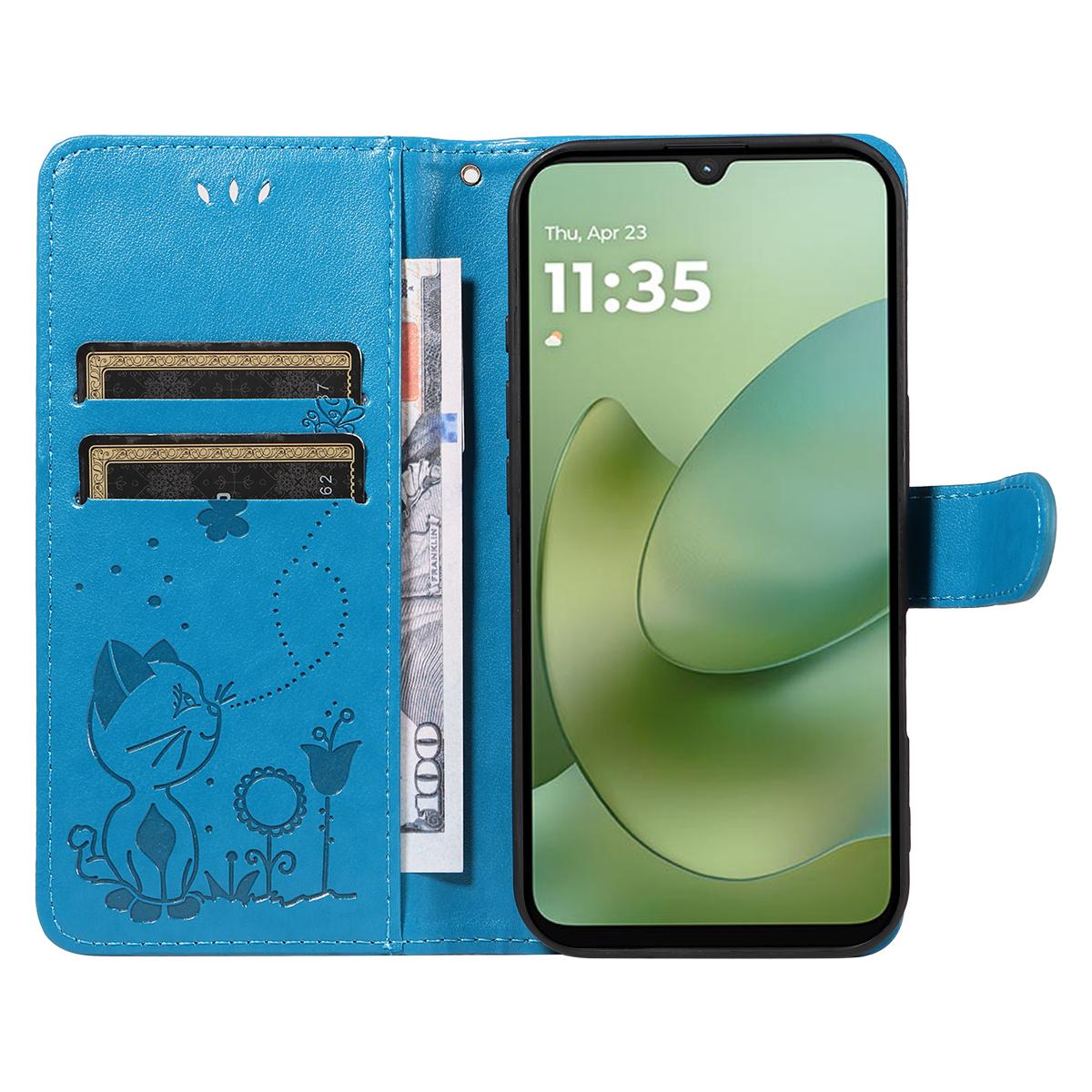 For Motorola Moto G06 4G Cat and Bee Embossed Flip Leather Phone Case Wallet Cover with Card Slots Cash Pocket Magnetic Stand Protective Shockproof TPU PU Leather Case with Wrist Strap