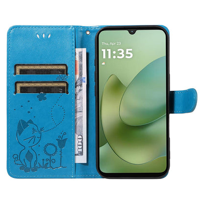 For Motorola Moto G06 4G Cat and Bee Embossed Flip Leather Phone Case Wallet Cover with Card Slots Cash Pocket Magnetic Stand Protective Shockproof TPU PU Leather Case with Wrist Strap
