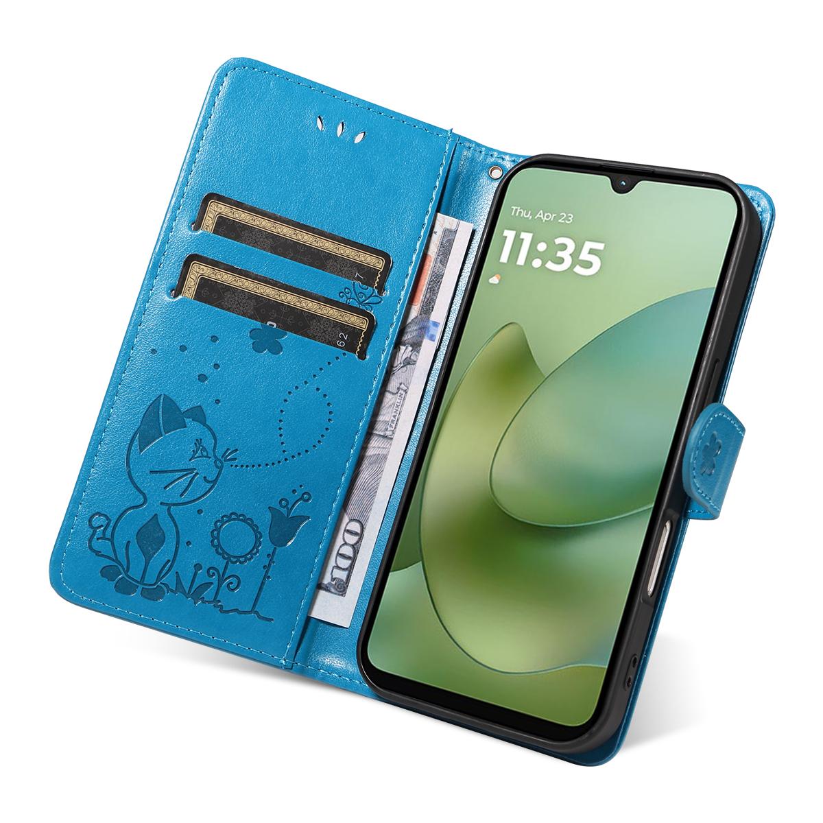 For Motorola Moto G06 4G Cat and Bee Embossed Flip Leather Phone Case Wallet Cover with Card Slots Cash Pocket Magnetic Stand Protective Shockproof TPU PU Leather Case with Wrist Strap