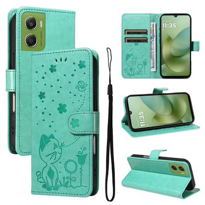 For Motorola Moto G06 4G Cat and Bee Embossed Flip Leather Phone Case Wallet Cover with Card Slots Cash Pocket Magnetic Stand Protective Shockproof TPU PU Leather Case with Wrist Strap