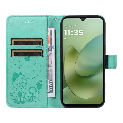 For Motorola Moto G06 4G Cat and Bee Embossed Flip Leather Phone Case Wallet Cover with Card Slots Cash Pocket Magnetic Stand Protective Shockproof TPU PU Leather Case with Wrist Strap