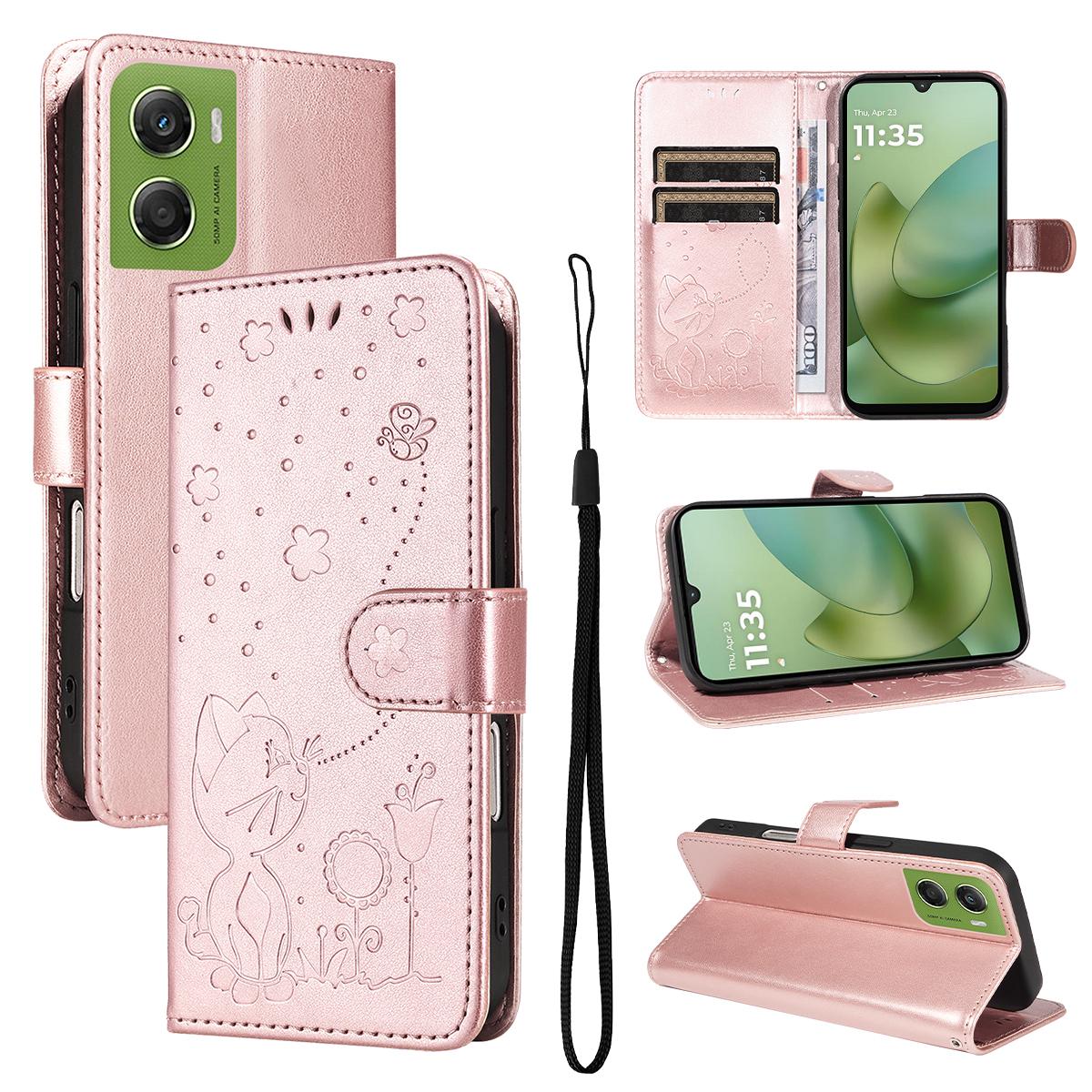 For Motorola Moto G06 4G Cat and Bee Embossed Flip Leather Phone Case Wallet Cover with Card Slots Cash Pocket Magnetic Stand Protective Shockproof TPU PU Leather Case with Wrist Strap