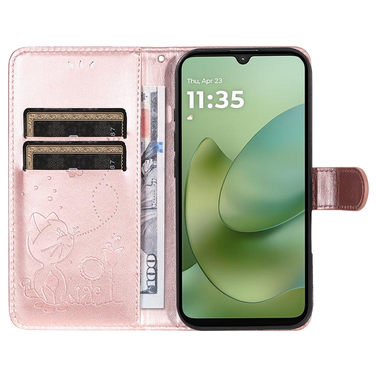 For Motorola Moto G06 4G Cat and Bee Embossed Flip Leather Phone Case Wallet Cover with Card Slots Cash Pocket Magnetic Stand Protective Shockproof TPU PU Leather Case with Wrist Strap