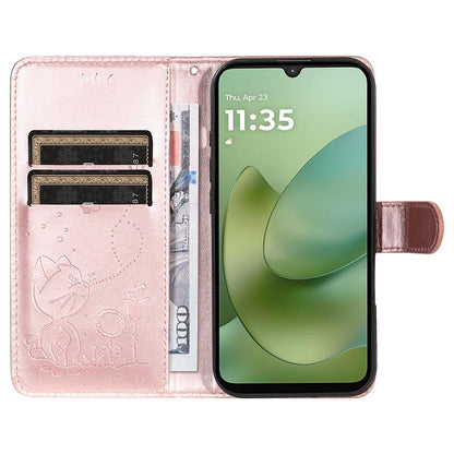 For Motorola Moto G06 4G Cat and Bee Embossed Flip Leather Phone Case Wallet Cover with Card Slots Cash Pocket Magnetic Stand Protective Shockproof TPU PU Leather Case with Wrist Strap