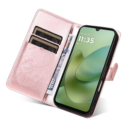 For Motorola Moto G06 4G Cat and Bee Embossed Flip Leather Phone Case Wallet Cover with Card Slots Cash Pocket Magnetic Stand Protective Shockproof TPU PU Leather Case with Wrist Strap