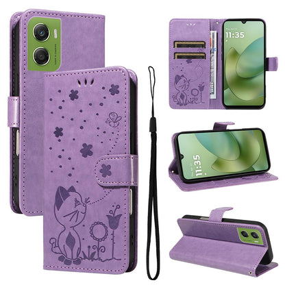 For Motorola Moto G06 4G Cat and Bee Embossed Flip Leather Phone Case Wallet Cover with Card Slots Cash Pocket Magnetic Stand Protective Shockproof TPU PU Leather Case with Wrist Strap