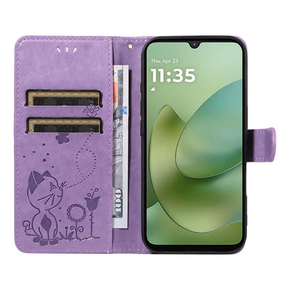 For Motorola Moto G06 4G Cat and Bee Embossed Flip Leather Phone Case Wallet Cover with Card Slots Cash Pocket Magnetic Stand Protective Shockproof TPU PU Leather Case with Wrist Strap