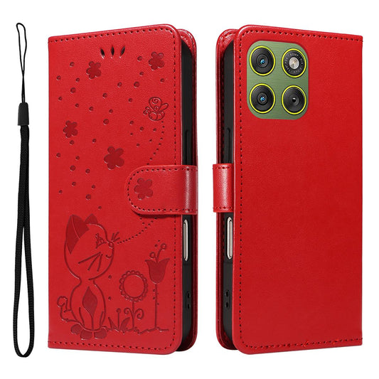 For Motorola Edge 70 5G Cat and Bee Embossed Flip Leather Phone Case Wallet Cover with Card Slots Cash Pocket Magnetic Stand Protective Shockproof TPU PU Leather Case with Wrist Strap