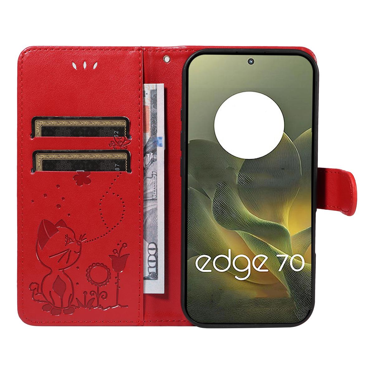 For Motorola Edge 70 5G Cat and Bee Embossed Flip Leather Phone Case Wallet Cover with Card Slots Cash Pocket Magnetic Stand Protective Shockproof TPU PU Leather Case with Wrist Strap