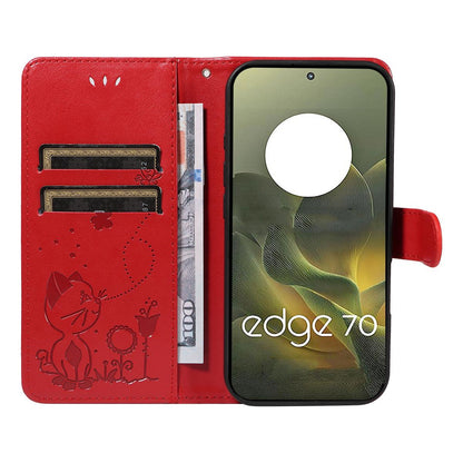 For Motorola Edge 70 5G Cat and Bee Embossed Flip Leather Phone Case Wallet Cover with Card Slots Cash Pocket Magnetic Stand Protective Shockproof TPU PU Leather Case with Wrist Strap