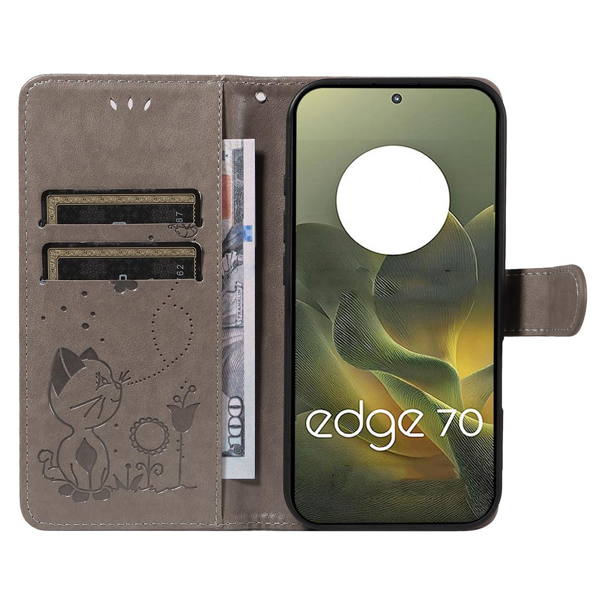 For Motorola Edge 70 5G Cat and Bee Embossed Flip Leather Phone Case Wallet Cover with Card Slots Cash Pocket Magnetic Stand Protective Shockproof TPU PU Leather Case with Wrist Strap
