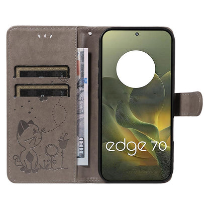 For Motorola Edge 70 5G Cat and Bee Embossed Flip Leather Phone Case Wallet Cover with Card Slots Cash Pocket Magnetic Stand Protective Shockproof TPU PU Leather Case with Wrist Strap