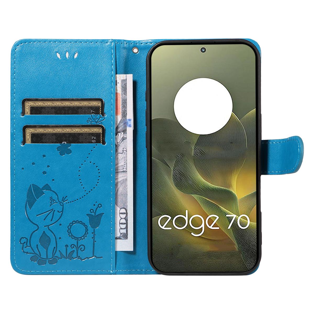 For Motorola Edge 70 5G Cat and Bee Embossed Flip Leather Phone Case Wallet Cover with Card Slots Cash Pocket Magnetic Stand Protective Shockproof TPU PU Leather Case with Wrist Strap