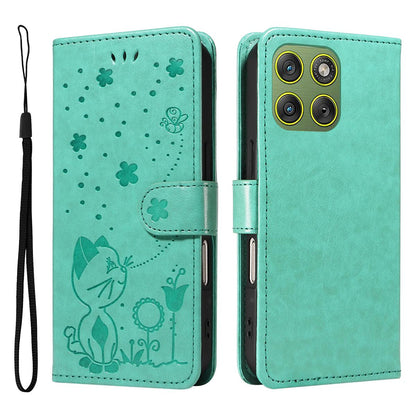 For Motorola Edge 70 5G Cat and Bee Embossed Flip Leather Phone Case Wallet Cover with Card Slots Cash Pocket Magnetic Stand Protective Shockproof TPU PU Leather Case with Wrist Strap