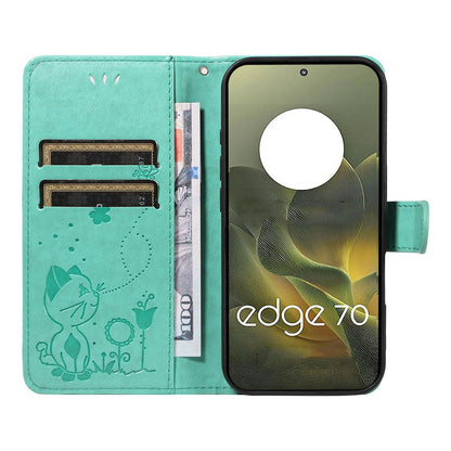 For Motorola Edge 70 5G Cat and Bee Embossed Flip Leather Phone Case Wallet Cover with Card Slots Cash Pocket Magnetic Stand Protective Shockproof TPU PU Leather Case with Wrist Strap
