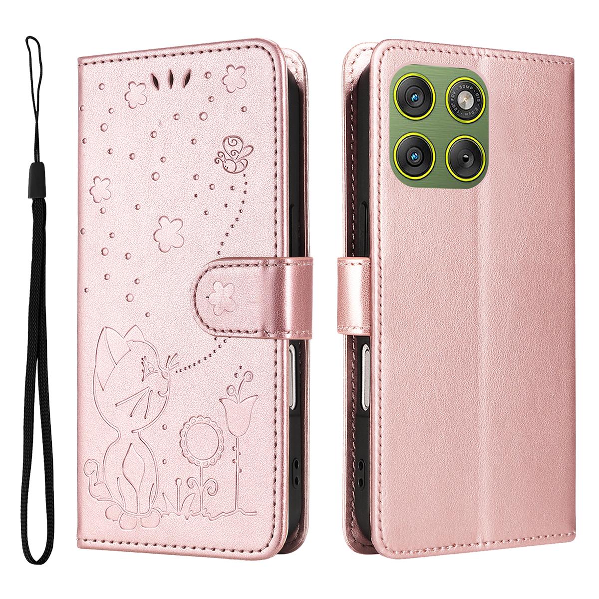 For Motorola Edge 70 5G Cat and Bee Embossed Flip Leather Phone Case Wallet Cover with Card Slots Cash Pocket Magnetic Stand Protective Shockproof TPU PU Leather Case with Wrist Strap