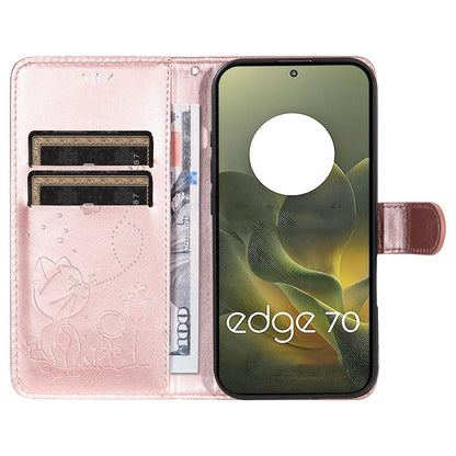 For Motorola Edge 70 5G Cat and Bee Embossed Flip Leather Phone Case Wallet Cover with Card Slots Cash Pocket Magnetic Stand Protective Shockproof TPU PU Leather Case with Wrist Strap