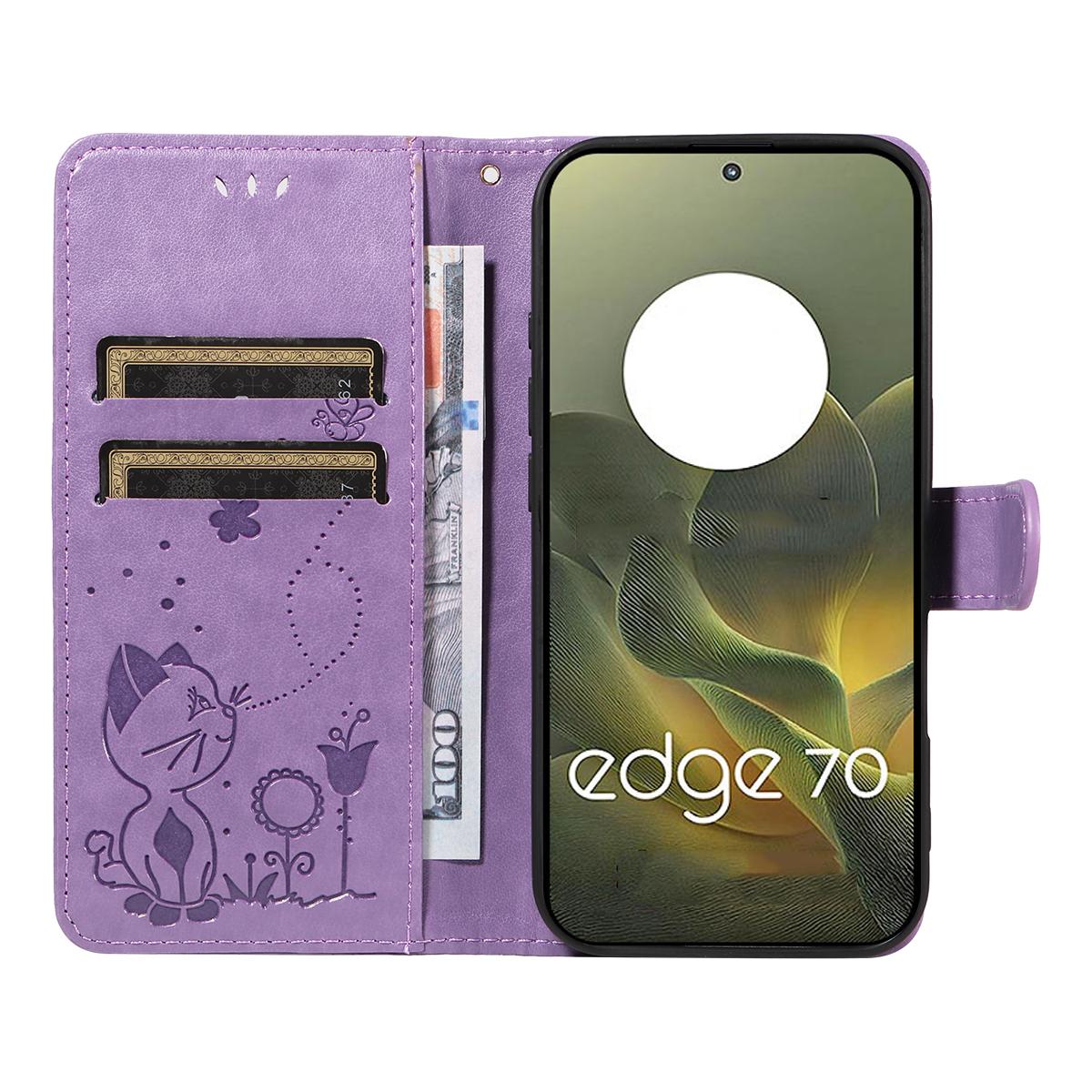For Motorola Edge 70 5G Cat and Bee Embossed Flip Leather Phone Case Wallet Cover with Card Slots Cash Pocket Magnetic Stand Protective Shockproof TPU PU Leather Case with Wrist Strap