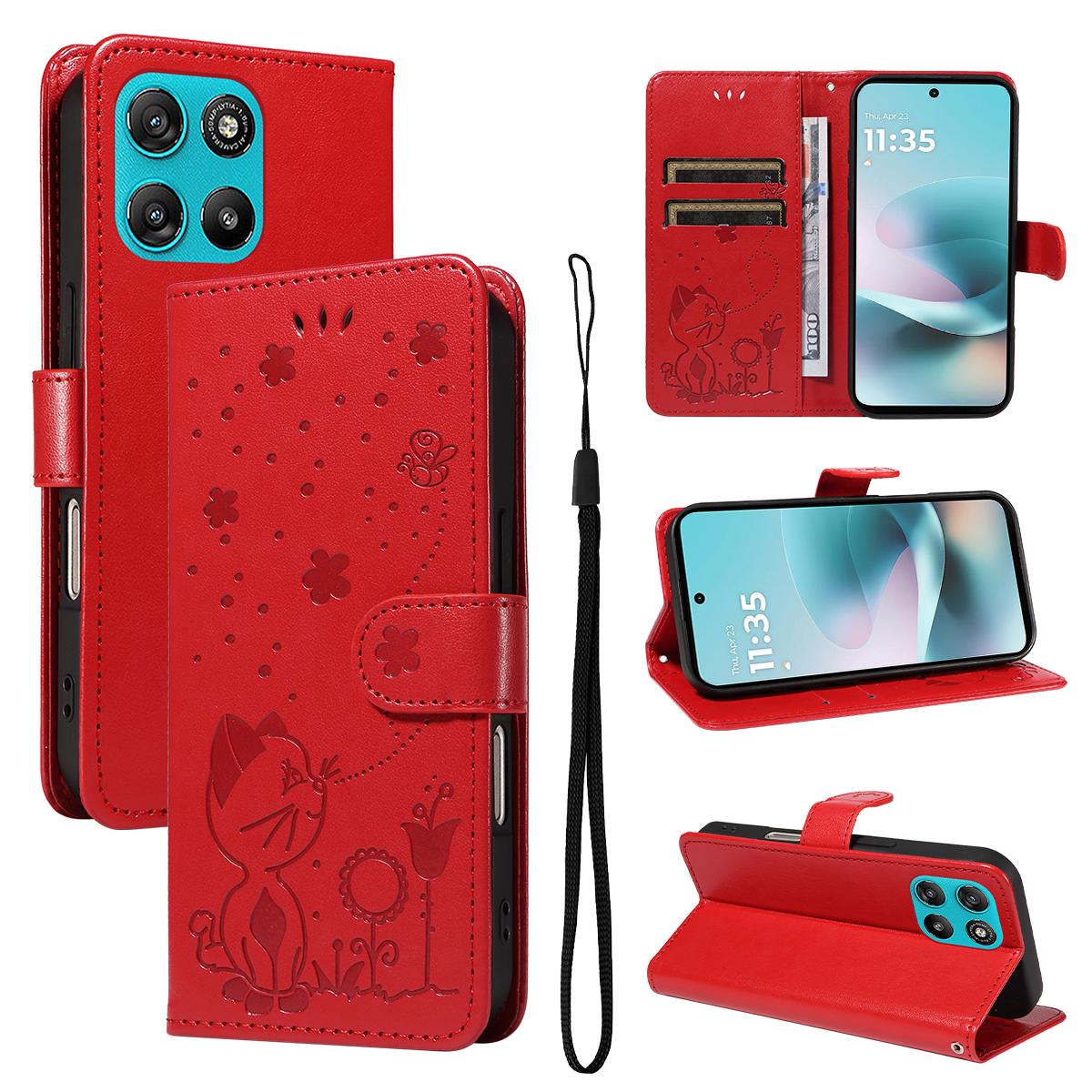 For Motorola Moto G67 Power 5G Cat and Bee Embossed Flip Leather Phone Case Wallet Cover with Card Slots Cash Pocket Magnetic Stand Protective Shockproof TPU PU Leather Case with Wrist Strap