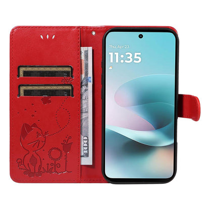 For Motorola Moto G67 Power 5G Cat and Bee Embossed Flip Leather Phone Case Wallet Cover with Card Slots Cash Pocket Magnetic Stand Protective Shockproof TPU PU Leather Case with Wrist Strap