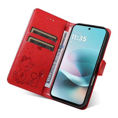 For Motorola Moto G67 Power 5G Cat and Bee Embossed Flip Leather Phone Case Wallet Cover with Card Slots Cash Pocket Magnetic Stand Protective Shockproof TPU PU Leather Case with Wrist Strap
